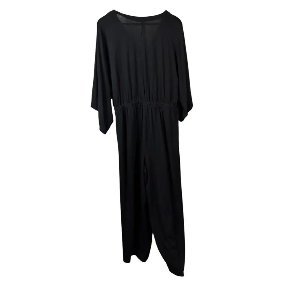 Garnet Hill Prato Knit Jumpsuit Size Medium Kimono Sleeve Wide Leg Black Pockets